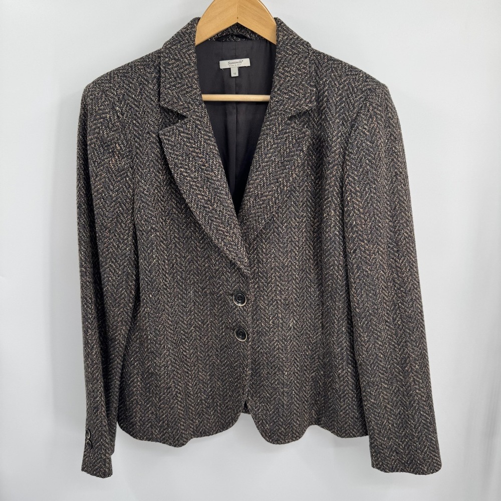Santorelli Blazer Womens‎ 12 Brown Herringbone Tweed Wool Silk Blend Made Italy